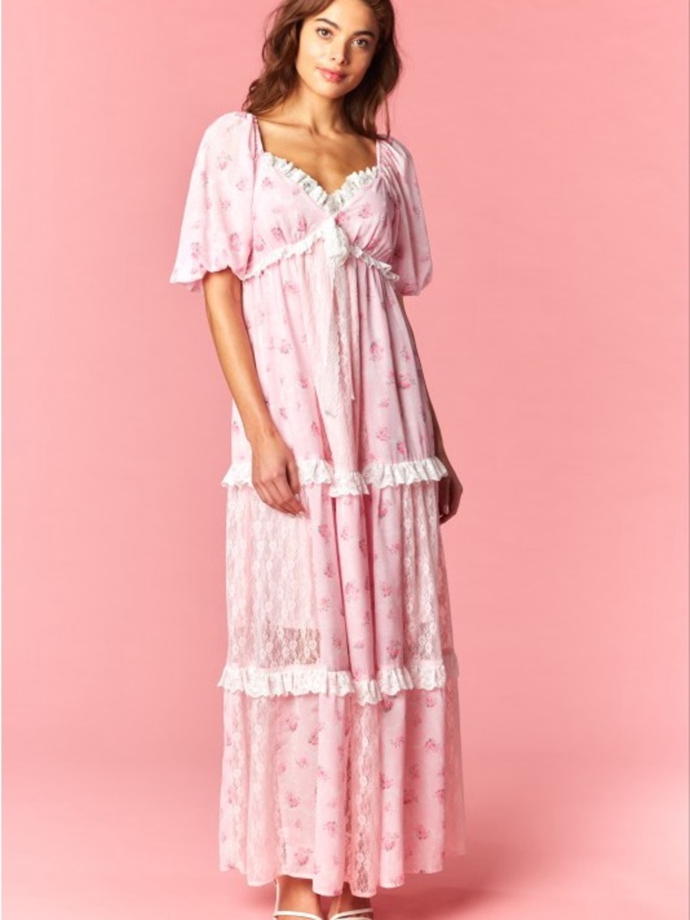 Pink Lace Tiered Maxi Dress with Puff Sleeves - Picture 14 of 14